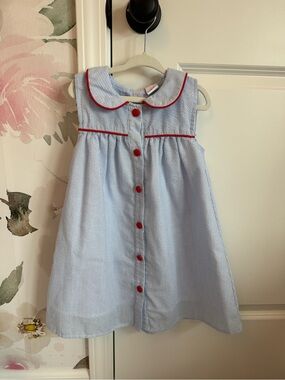 Girls Light Blue Seersucker Dress with Red Trim
